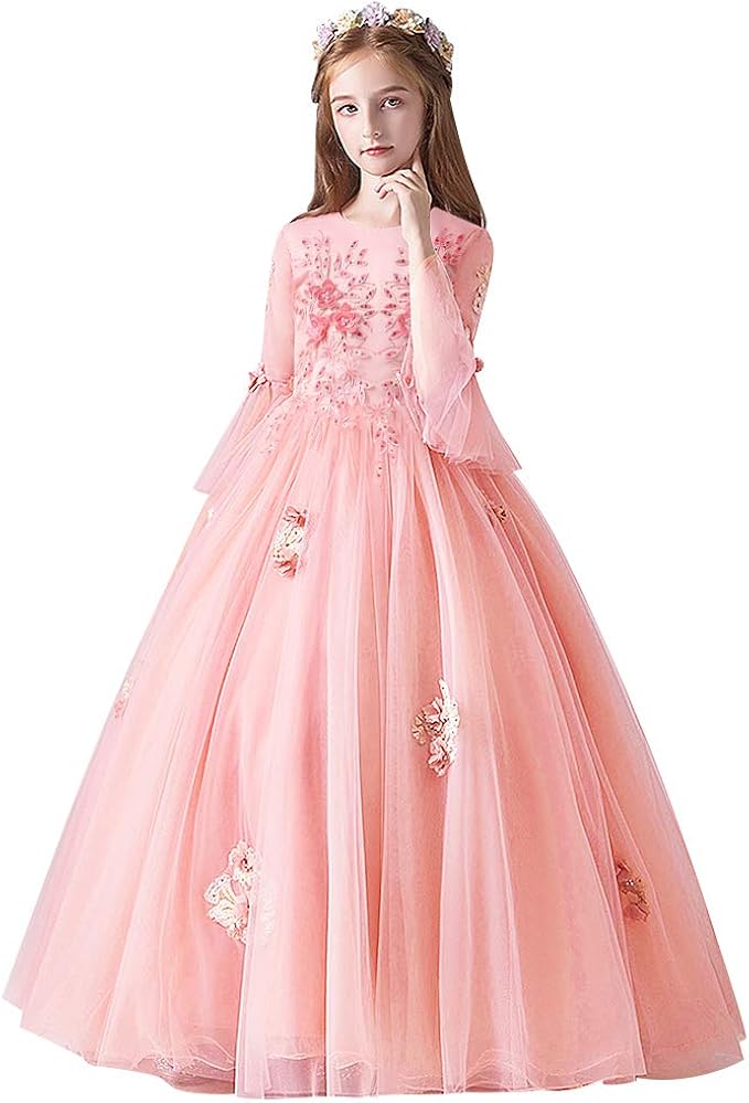 亮片薄纱薄纱七分袖花朵女孩蕾丝连衣裙儿童婚礼伴娘宴会派对长公主裙